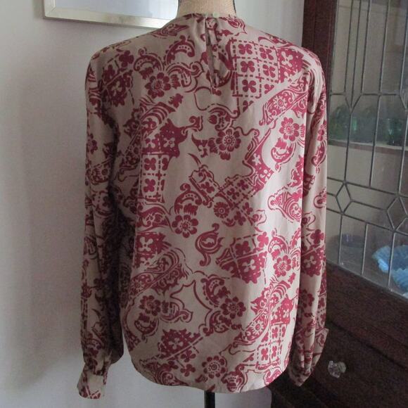 Vintage 80s 90s New Editions Taupe Maroon Abstract Blouse Size L Long Sleeve - Picture 6 of 15